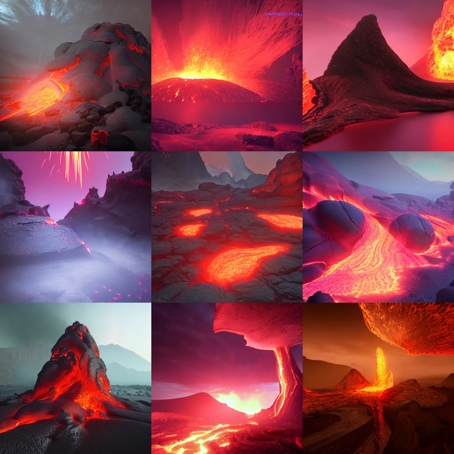 Prompt: fantasy with fire lava and volcano, at gentle dawn pink light, cinematic lighting, volumetric lighting, smooth, sharp focus, highly detailed, render in unreal engine 5, artstation, deviantart, behance, trending,, epic composition, hd, octane, unreal engine, volumetric lighting, light rays, masterpiece, award - winning