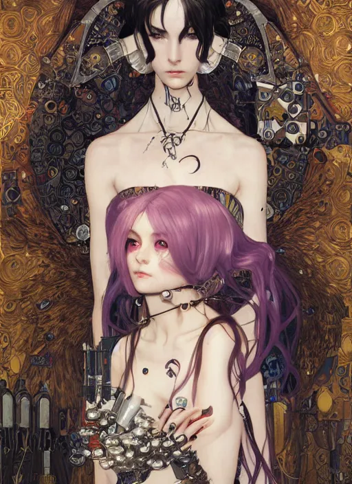 Image similar to portrait of beautiful young gothic maiden, cyberpunk, Warhammer, highly detailed, artstation, illustration, art by Gustav Klimt and Range Murata and Ilya Kuvshinov