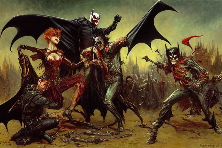 Image similar to vampire batman and zombie robin vs. joker van helsing. art by gaston bussiere.