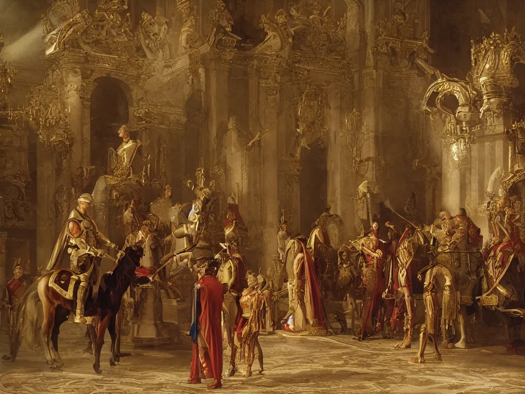 Prompt: man placing crown on the head of horse, throne room setting, cheesy tacky cinematic lighting, style of Aldo Di Gennaro