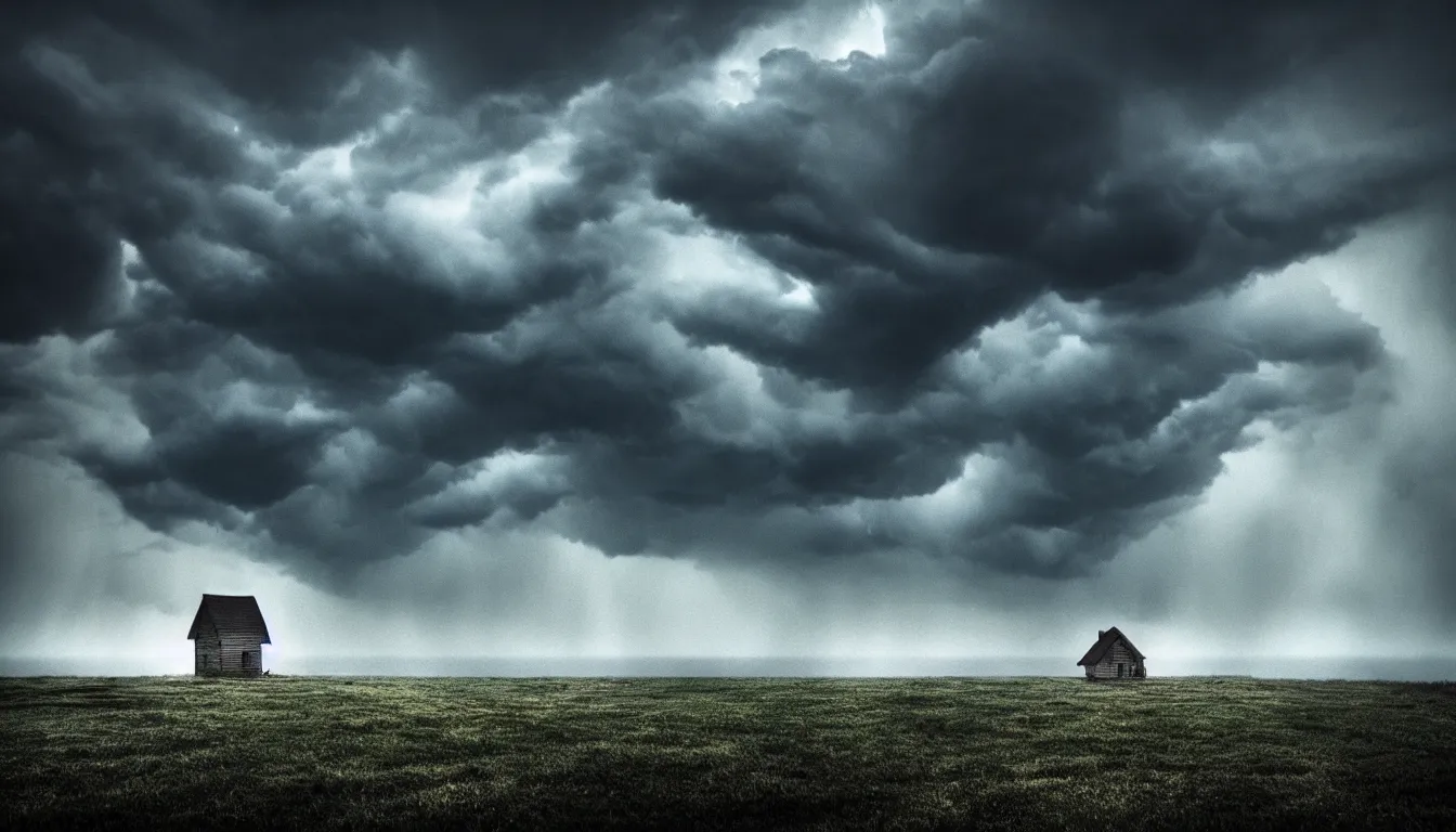 Image similar to lonely house in front lakeside, raining, storm, thunder, atmospheric, scary, claustrophobic, ambient vibe, very detailed, high resolution, 8 k