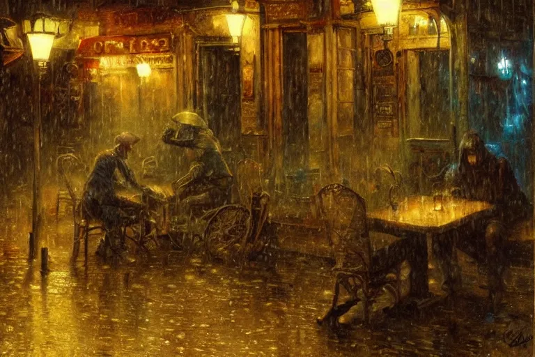 Prompt: A small cafe at night during rain, moody scene, highly detailed, intricate, sharp details, dystopian mood, 1950 scene by gaston bussiere, craig mullins, somber lighting, drawn by Giacomo Burattini, inspired by graphic novel cover art