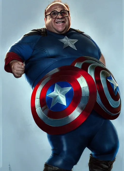 Prompt: Portrait of Fat Danny Devito with his belly sticking out as Captain America, He is Holding his shield while posing, realistic, detailed, 4k by Greg Rutkowski Mark Arian trending on artstation