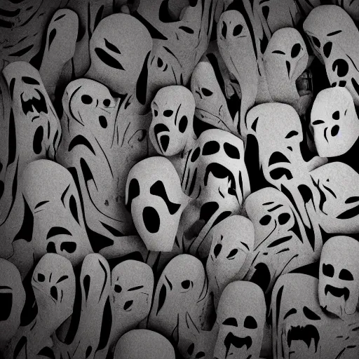 Image similar to dark wall shaped with multiple screaming faces of ghosts trapped inside it. photoreal. unreal render. cinematic. ominous shapes. haunted