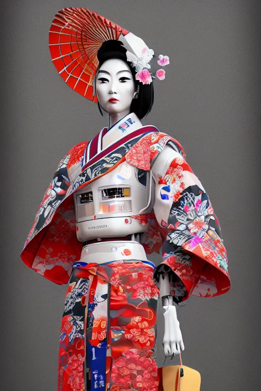 Image similar to full body portrait of a Japanese robot geisha with kanji tattoos and decals wearing a digital pixelated kimono, intricate design, photorealistic, octane render, raytraced, ultra fine detailed, character design, trending on artstation