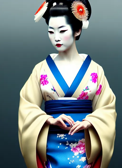 Image similar to Geisha photo portrait, beautiful makeup, pearlescent skin, elegant pose, highly detailed kimono, photorealism, artstation, different point of view, sharp focus, photorealistic, soft diffuse lights, canon 5D 50 mm lens, zen natural background, def of field