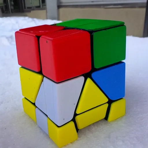 Prompt: a large block of ice with a rubiks cube inside it