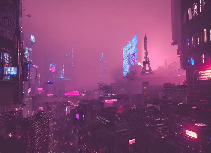 Image similar to cyberpunk scifi scene of paris at night, scifi drones in the sky, artstation, matt painting, very detailed, maximalism, ambient occlusion, volumetric light, atmospheric haze, unreal engine, hyper realism, realistic shading, cinematic composition, realistic render, octane render, detailed textures, photorealistic, wide shot