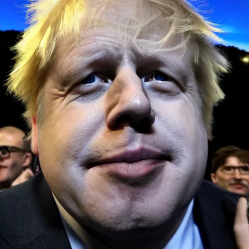 Image similar to boris johnson accidentally taking a selfie with the front camera, very scared, surprised by the camera flash that is so bright in his face