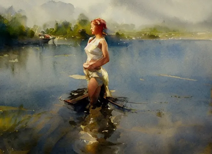 Image similar to watercolor painting of sunny summer morning, calm water, art by anders zorn, wonderful masterpiece by greg rutkowski, beautiful cinematic light, american romanticism by greg manchess, creation by tyler edlin, aquarelle