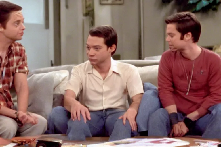 Prompt: topher grace in that 7 0 s show meeting tobey maguire and eminem, screencap, 4 k