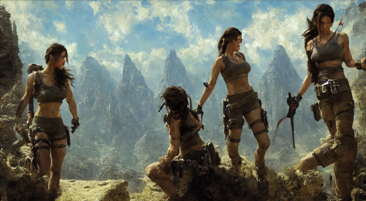 Image similar to lara croft meets joe biden, highly detailed painting by gaston bussiere, craig mullins, 8 k, realistic