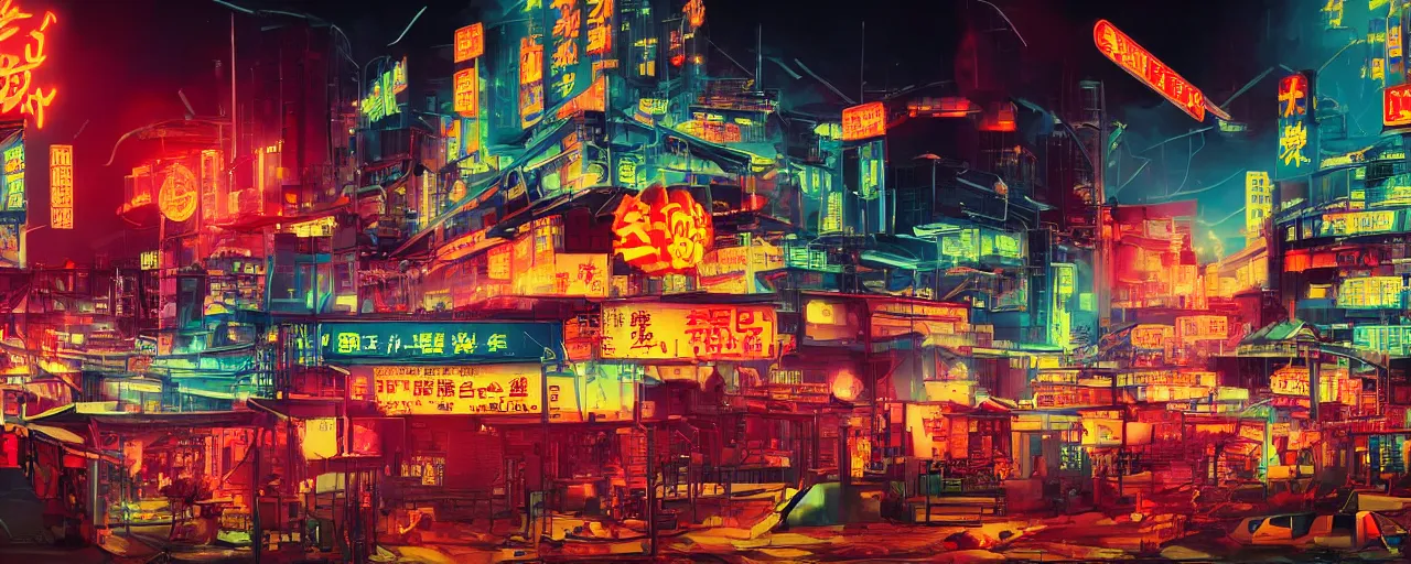 Prompt: factory exploding at night in the center of a futuristic sci-fi asian city, signboards, neon lights, by Yamato