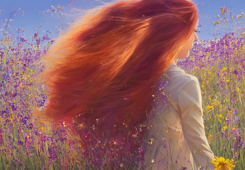 Prompt: a woman seen from behind from a distance with copper hair and a flowing yellow sundress dancing in a field of wildflowers, with cute - fine - face, pretty face, realistic shaded perfect face, fine details by realistic shaded lighting poster by ilya kuvshinov katsuhiro otomo, magali villeneuve, artgerm, jeremy lipkin and michael garmash and rob rey