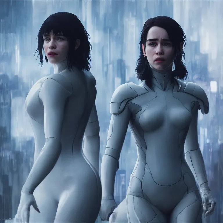 Image similar to photo of emilia clarke in the similitude of ghost in the shell, photorealism, render, unrealengine, realism, sony a 7 r