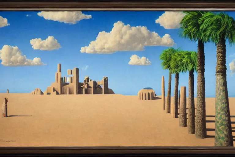 Prompt: a giant sand castle with a small crowd outside on a tropical island, fluffy clouds, blue sky by magritte and de chirico, oil painting, hyper detailed, masterpiece 4 k