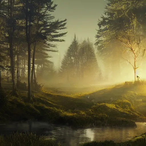 Image similar to scenery of a beautiful rural landscape with a broken robot in the style of simon stalenhag. light rays from the tree tops, small river on the ground, hypermaximalistic, high details, cinematic, 8 k resolution, beautiful detailed, insanely intricate details, artstation trending, octane render, unreal engine