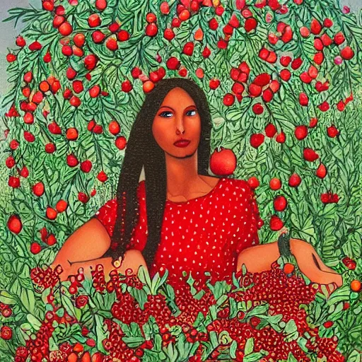 Image similar to Persephone surrounded by pomegranates, beautiful, modern