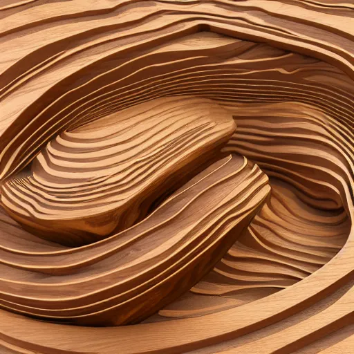 Prompt: abstract 3 d wooden sculpture wave twist, maple, oak, walnut, with gold accents detailed 4 k 3 d render