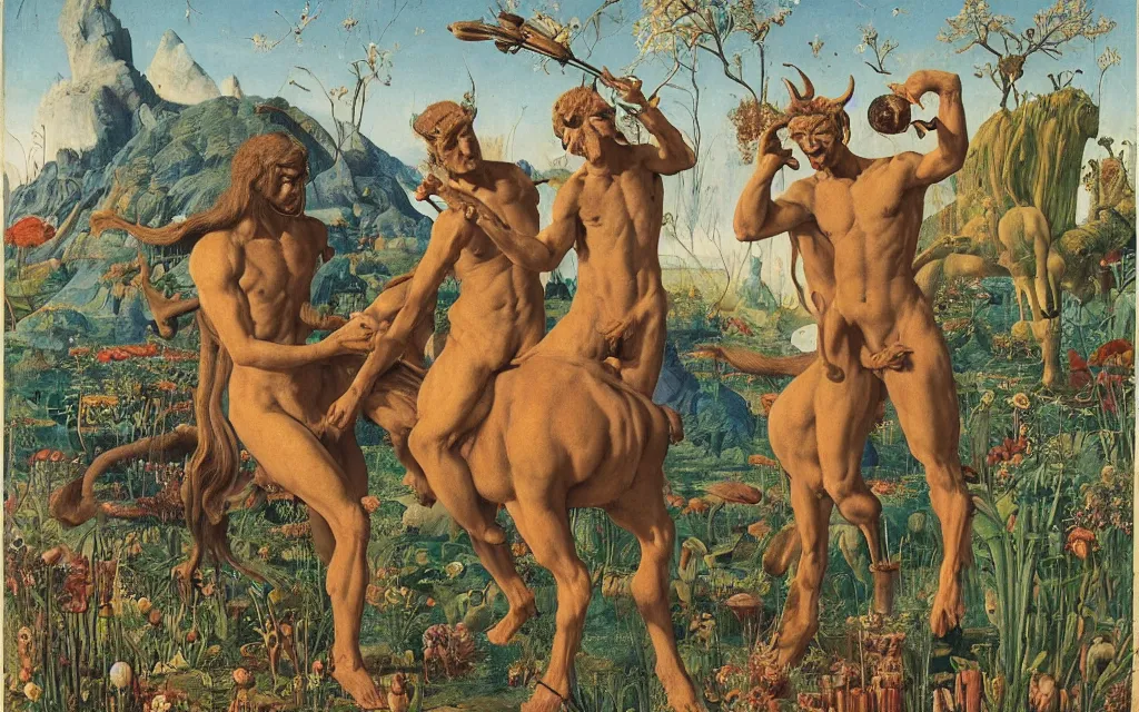 Image similar to a portrait photograph of a meditating satyr and a centaur monk riding a rocket machine and hunting at a river delta. surrounded by bulbous flowers and trees. mountain range under a blue sky of fiery stars. by jan van eyck, max ernst, ernst haeckel, ernst fuchs and artgerm, cgsociety, fashion editorial, 8 k