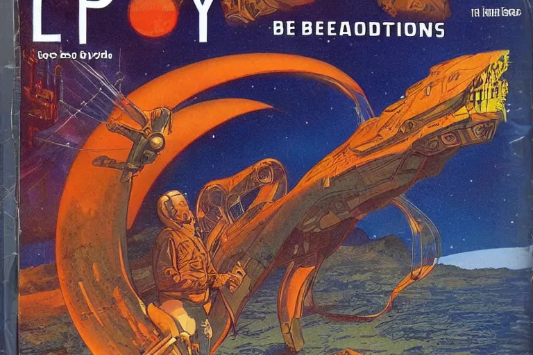 Prompt: Pulp sci-fi magazine cover of the Lands Beyond Creation, Moebius