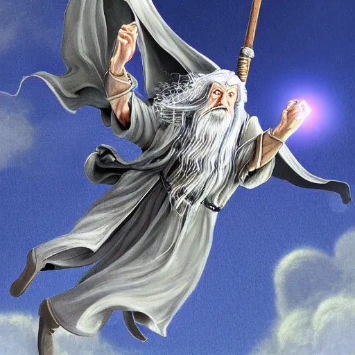 Prompt: gandalf, flying on dragon, highly detailed, digital art,