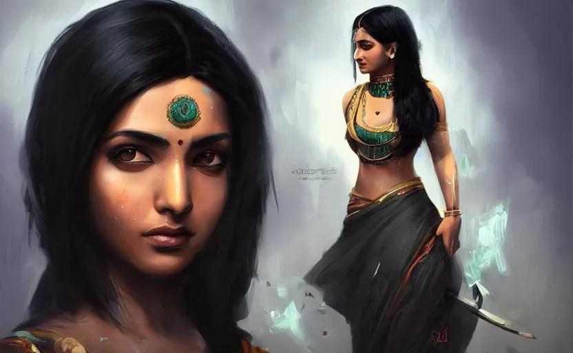 Image similar to a painting of a beautiful indian woman with black hair trending on artstation in the style of greg rutkowski