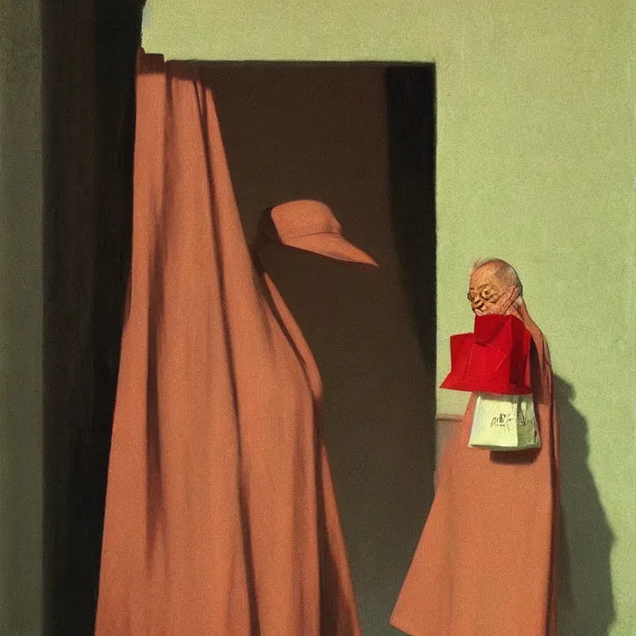 Prompt: melting old fat woman portrait with a white paper bag over the head, dressed in red paper bags, holding stack of green paper bags, highly detailed, artstation, art by edward hopper, zdislav beksinski, wayne barlowe, edward hopper