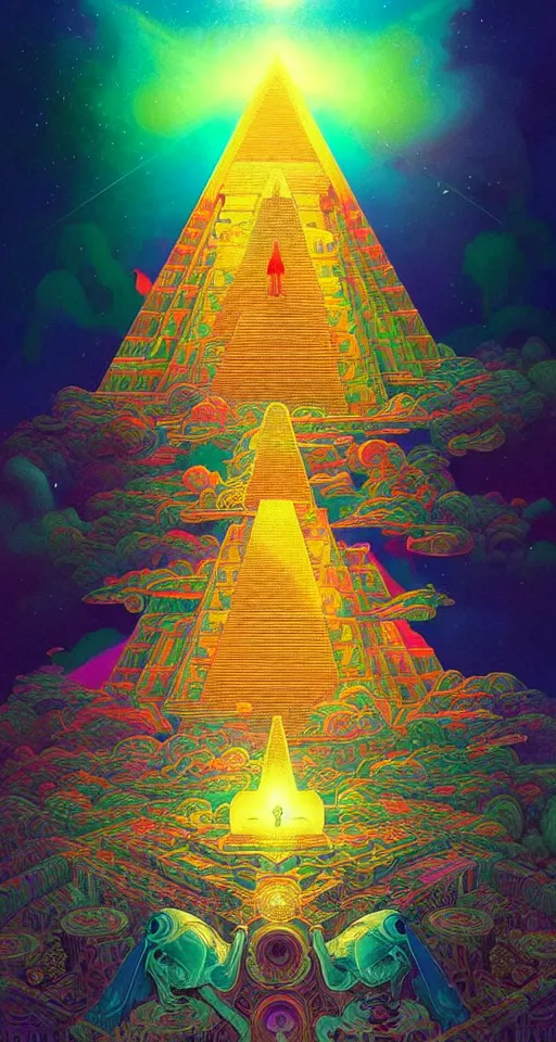 Image similar to An extremely psychedelic abstract illustration of mayan pyramid beaming celestial light, colorful, surreal, dramatic lighting, magic mushrooms, psilocybin, LSD, detailed, intricate, elegant, highly detailed, digital painting, artstation, concept art, smooth, sharp focus, illustration, art by Krenz Cushart and Artem Demura and alphonse mucha