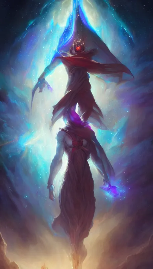 Prompt: god with a cape, epic scene, colors, holy, full body, galaxy, and, stars, atmosphere, unreal engine, pixar, video game, ethereal, insanely, detailed, volumetric, symmetrical, concept art, peter mohrbacher, charlie bowater, unreal engine, artstation, cinematic, video game, digital painting, artist maena