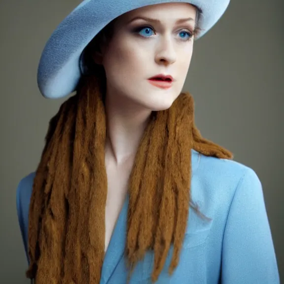 Image similar to portrait evan rachel wood angle 9 0 ° centred looking away breading fresh air, caracter with brown hat, background soft blue