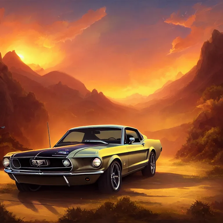 Image similar to long shot camera angle of a 1 9 6 8 mustang driving down a country road landscape, coriolios rpg art style, full of details, warm sunset colors, matte painting, artstation, 8 k, hyperrealistic, style of peter mohrbacher, album cover