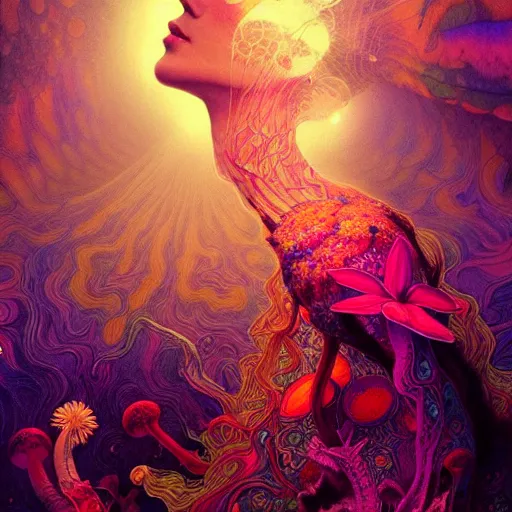 Image similar to An extremely psychedelic experience, colorful, surreal, dramatic lighting, magic mushrooms, psilocybin, LSD, face, detailed, intricate, elegant, highly detailed, digital painting, artstation, concept art, smooth, sharp focus, illustration, art by Krenz Cushart and Artem Demura and alphonse mucha