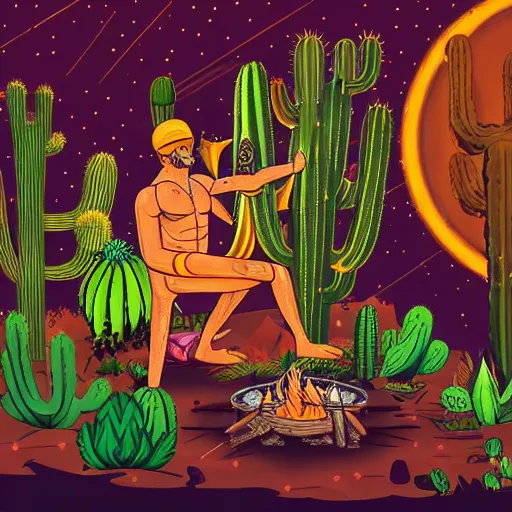 Prompt: single spartan in amazonian jungle surrounded by cactus with a shaman offering peyote with a camp fire on a full moon with stars