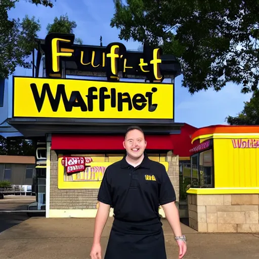 Image similar to wafflehouse employee's standing below wafflehouse sign