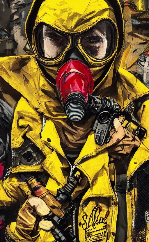 Image similar to saints gang, yellow red hoodie, group photo, punk art, warehouse, weapon, drugs, flex box position, yellow bandana, gasmask, saints mask, fiction, stability, intricate, elegant, 8 k, uhd, justify, artstation, concept art, matte, sharp focus, illustration, consistent, highly detailed object content, proportional object content