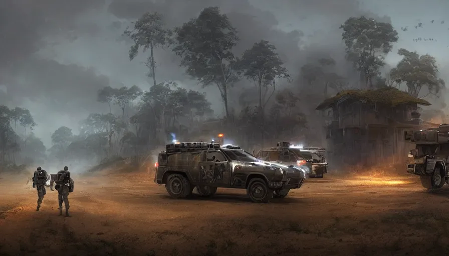 Prompt: a militarized police vehicle riding through a kerala village, troops searching the area, furious action scene, an epic fantasy, dramatic lighting, cinematic, establishing shot, extremely high detail, photorealistic, cinematic lighting, tending on artstation, solarpunk, matte painting, octane render, by simon stalenhag, horizon forbidden west, aesthetic