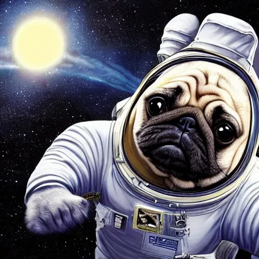 Image similar to hyper realistic, highly detailed, astronaut pug in space.