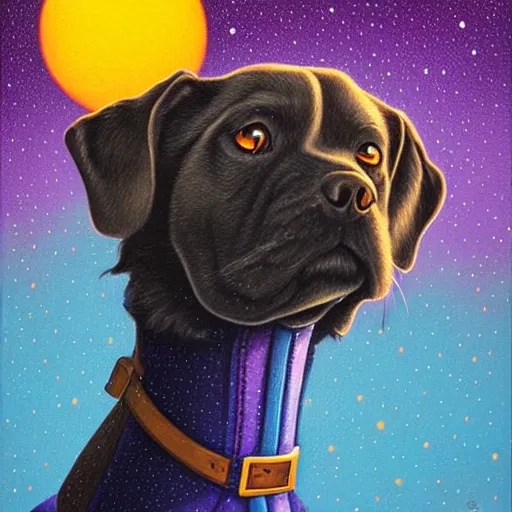 Prompt: portrait illustration of funny dog in the purple tuxedo by jeremiah ketner, quint buchholz, wlop, dan mumford