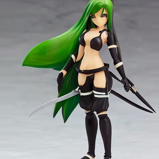 Prompt: Akali, the Rogue Assassin classic skin. league of legends akali as a Figma doll. Posable anime figurine. Kamas-wielding, green litham veil, green croptop. ponytail assassin girl. Ninja sickle. PVC figure 12in.