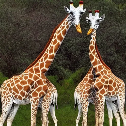 Image similar to three giraffes having a cool birthday party, photo, highly detailed
