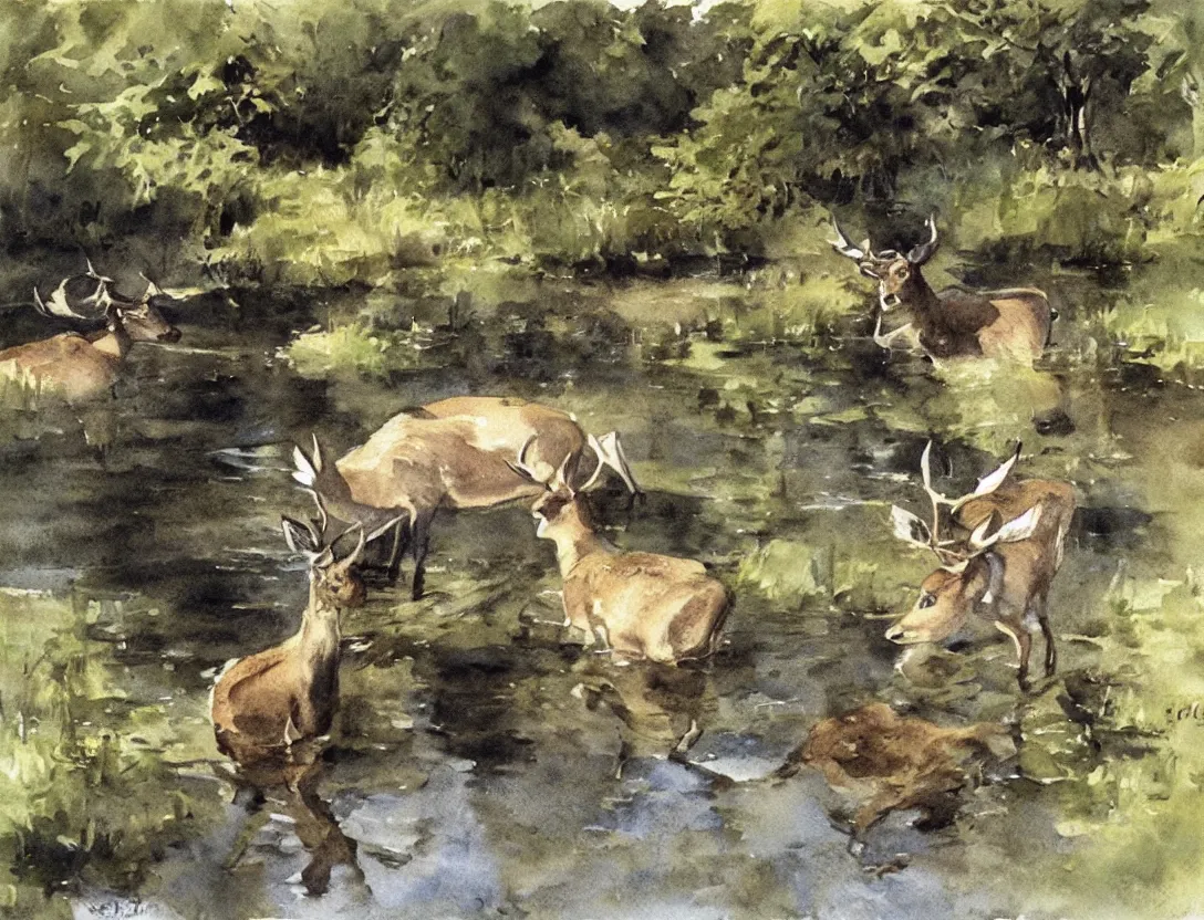 Image similar to watercolor by anders zorn, deer drinking water by pond, realistic nature art