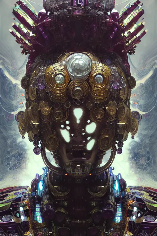 Image similar to asura from chinese myth, ghost, gorgeous and huge head ornaments, dystopian, cyberpunk, organic fractal mycelum and fungi, mecha, halfturn portrait of a big crystal face made of crystals half - turn, ominous, intricate, studio, art by anthony macbain + greg rutkowski + alphonse mucha, concept art, 4 k, sharp focus