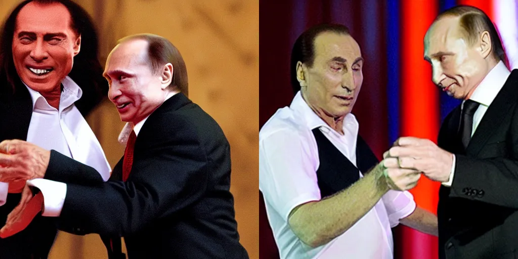 Prompt: Silvio Berlusconi dancing a tango with a long haired putin, photorealistic