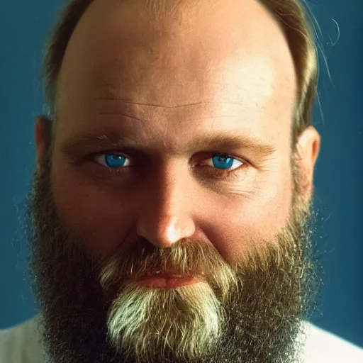 Image similar to color 35mm film still of a balding, middle aged blond man with a full blond beard and dark blue eyes, figure portrait