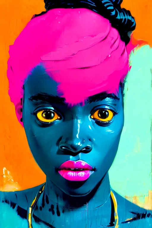 Image similar to portrait of a stylized african young lady with a story to tell, painted in acrylic, pigment textures, wet paint, in the colors hot pink and cyan, beautiful realistic face, rule of thirds, spotlight, by greg rutkowski, by jeremy mann, by francoise nielly, by van gogh, by ross tran, in focus