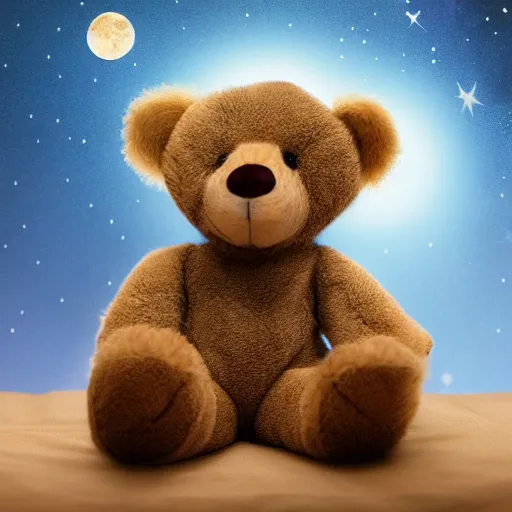 Prompt: Teddybear sitting in bed photorealistic in focus moon an stars in the background dark lighting