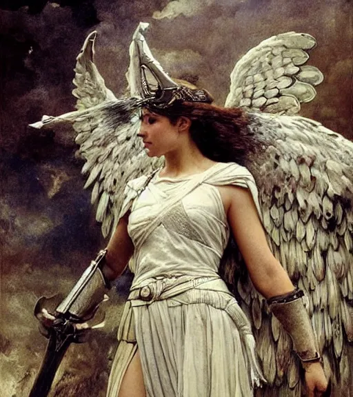 Prompt: epic presentation of a valkyrie, detailed armor with white scarf, beautiful opened wings, character design, coherent face!!!!!!! gorgeous, epic, dramatic lighting, ocult, hero, authority, digital art, classicism style, ultra detailed, octane by jules bastien - lepage, sophie anderson jean - joseph benjamin - constant