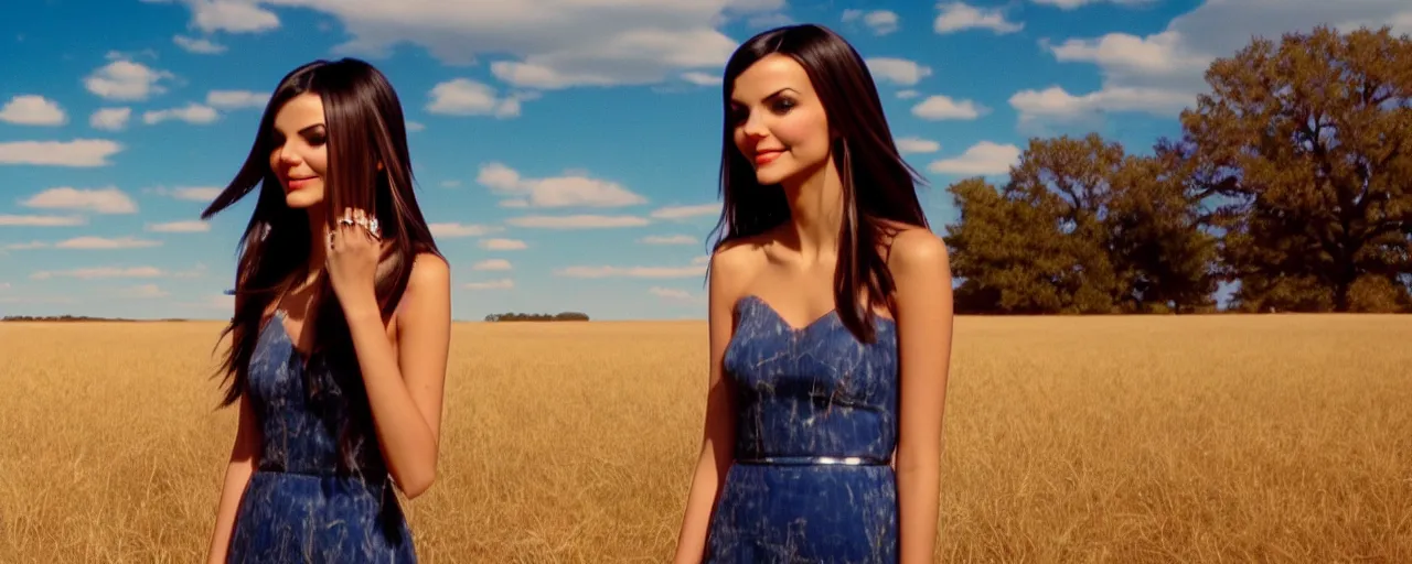 Image similar to film still of victoria justice, kansas landscape and sky, intricate, beautiful, serene, majestic, detailed, ultra, mega, super, visable sounds waves