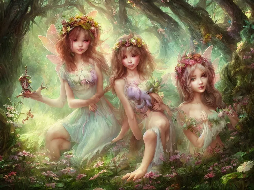 Image similar to two cute fairy in the dreamy forest, fantasy, dreamlike, 8 k resolution, hyper detailed, d & d, character design, digital painting, trending on artstation, sharp focus, illustration, art by artgerm, viktoria gavrilenko, hoang lap, fuji choko, steve zheng